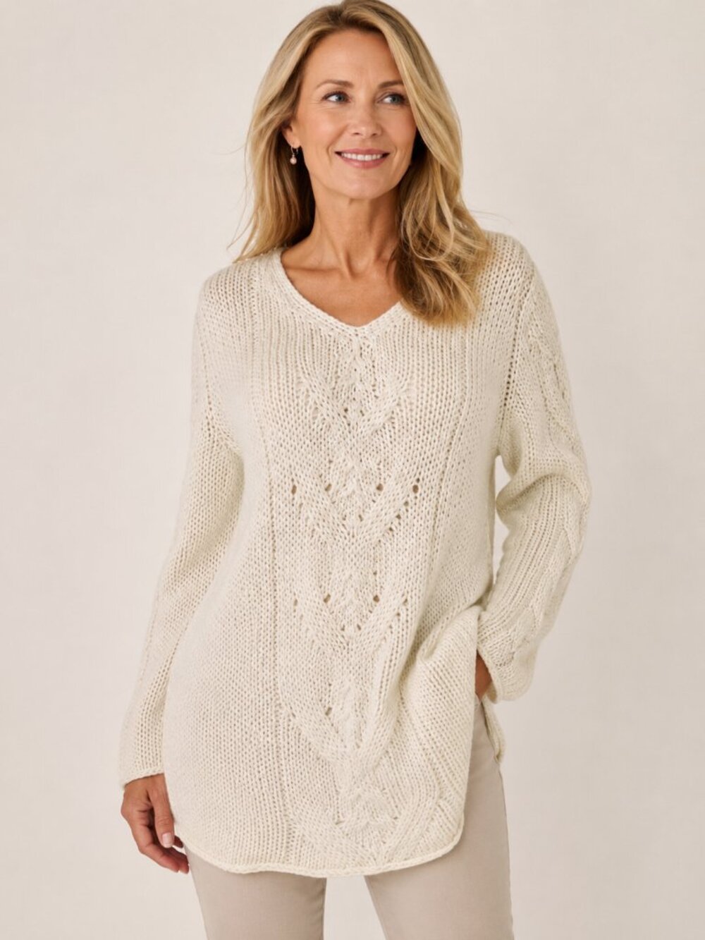 J. Jill SZ L Wool Alpaca Blend V Neck Cable Knit Tunic Length Fisherman Sweater